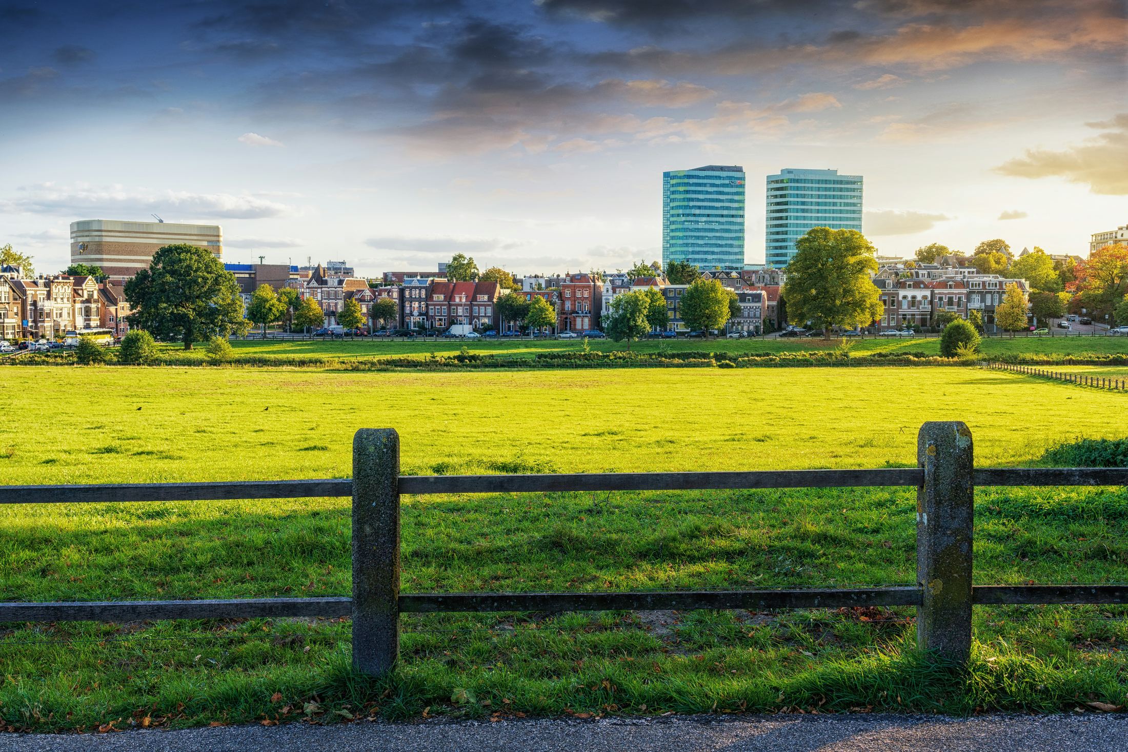 Uitzicht over een weiland op de skyline van Arnhem